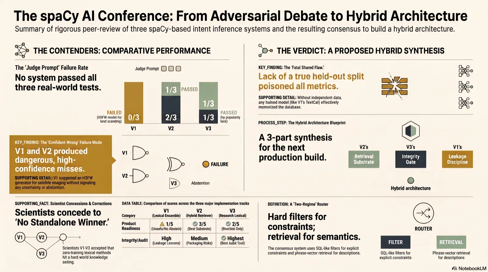 The spaCy AI Conference: from adversarial debate to hybrid architecture. No system passed all three real-world tests (V1 0/3, V2 2/3, V3 1/3). Key finding: the lack of a true held-out split poisoned all metrics. V1 and V2 produced confident, high-confidence misses. The verdict is a three-part hybrid synthesis for the next build: V2's retrieval substrate, V3's integrity gate, and V1's leakage discipline, with a two-regime router using hard filters for constraints and phrase-vector retrieval for semantics.