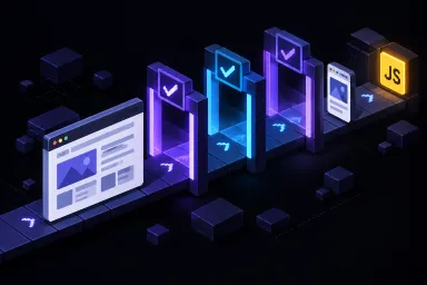 Browser windows passing through violet quality gates with an amber JS tile